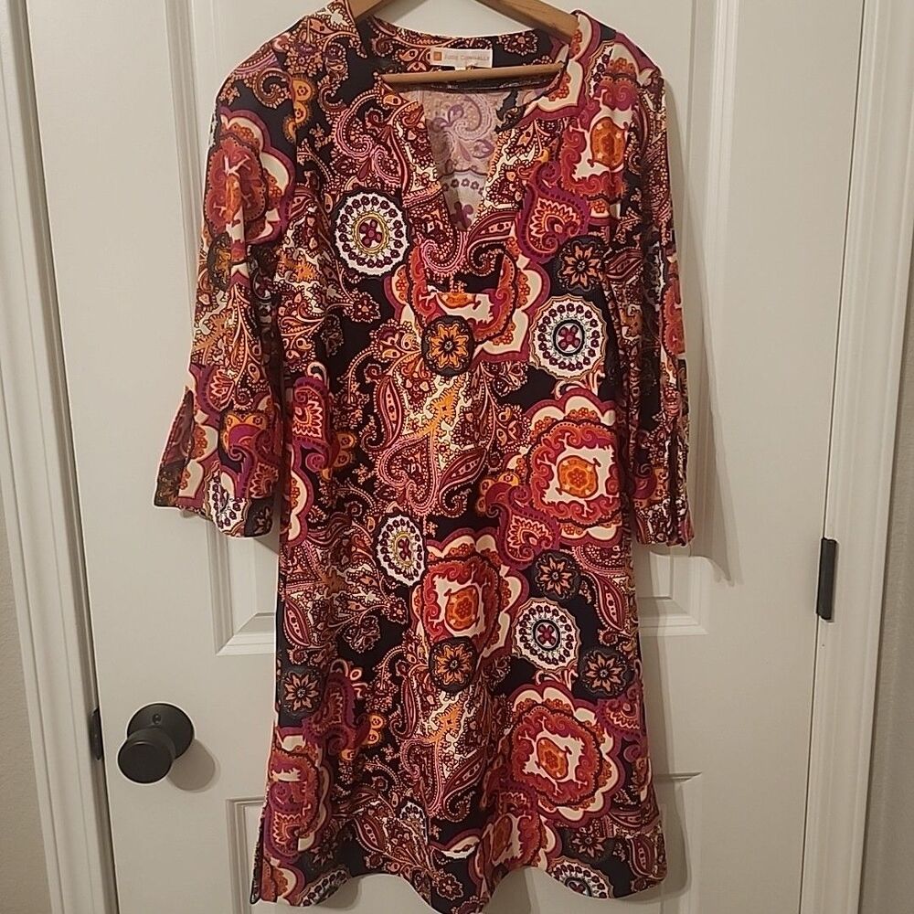 Jude Connally Megan Dress Size Small Colorful Paisley Bell Sleeve Boho Stretch
